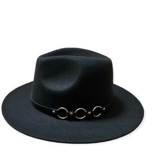 Black Fedora Leather Silver Round Design Band Fashion Hat NEW